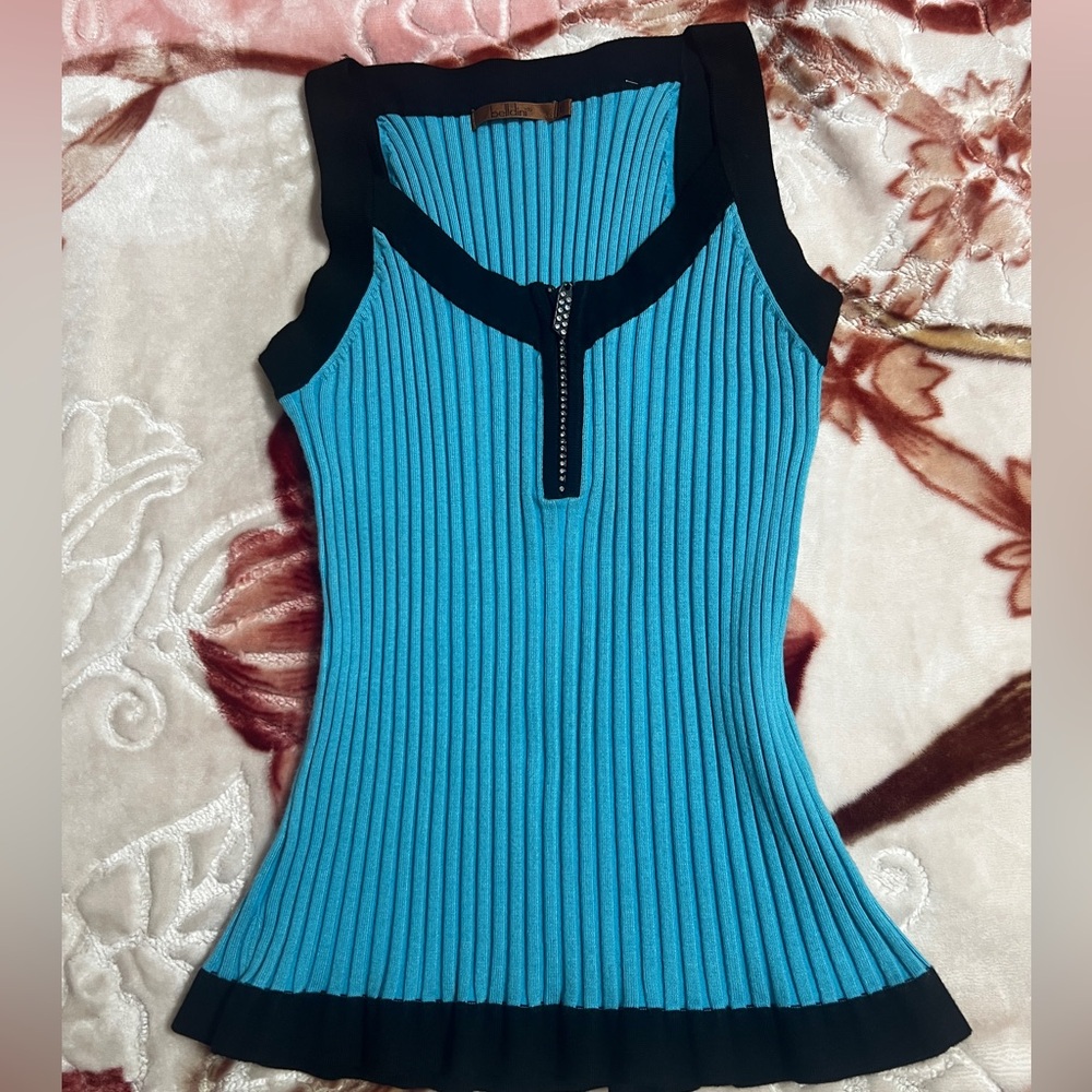 Y2K Belldini Teal and Black Ribbed Tank Top